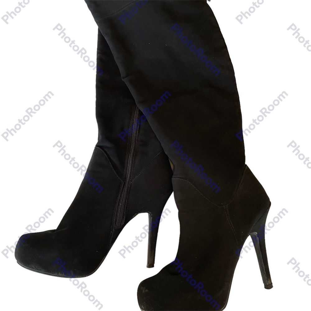 Madeline Girl Suede Thigh High Heeled Boots Black Size 7M - Picture 2 of 8
